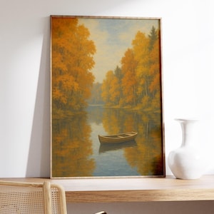 Herbst Ruderboot Wand Kunst Druck - stimmungsvolle Herbst Landschaft,ruhiger See Poster,orange Waldszene,stimmungsvolle Herbst Dekoration,reflektierendes Kunstwerk