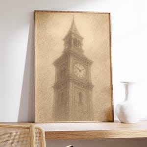 Clock Tower Wall Art Print - Sepiatöne, Vintage Wahrzeichen, stimmungsvoller Himmel, weicher Skizzenstil, historischer Charme, europäische Architektur, ruhige Atmosphäre