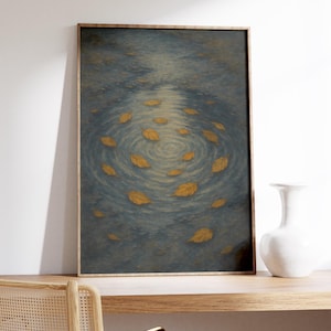 Herbstlaub Wand Kunst Druck - Goldene Blätter kreisen in Regenpfütze, Stimmungsvolle Spiegelung Szene, Ruhige Natur Dekoration, Minimal Poster für die Herbst Saison