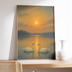 Swan Sunrise Wall Art Print - Schwan Sonnenaufgang Wand Kunst Druck - Romantische See Szene Poster, Friedliche Morgen Wasserlandschaft, Goldene Stunde Schlafzimmer Dekor, Gelassenes Tier Kunstwerk
