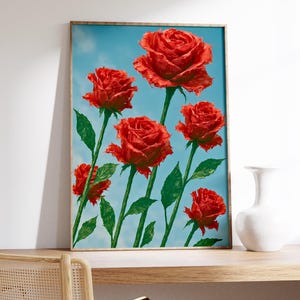 バラのウォールアートプリント - 赤いビニール袋の花びらと破れた縁、質感のある花のデザイン、スカイブルーの背景、大胆なモダンな植物ポスター