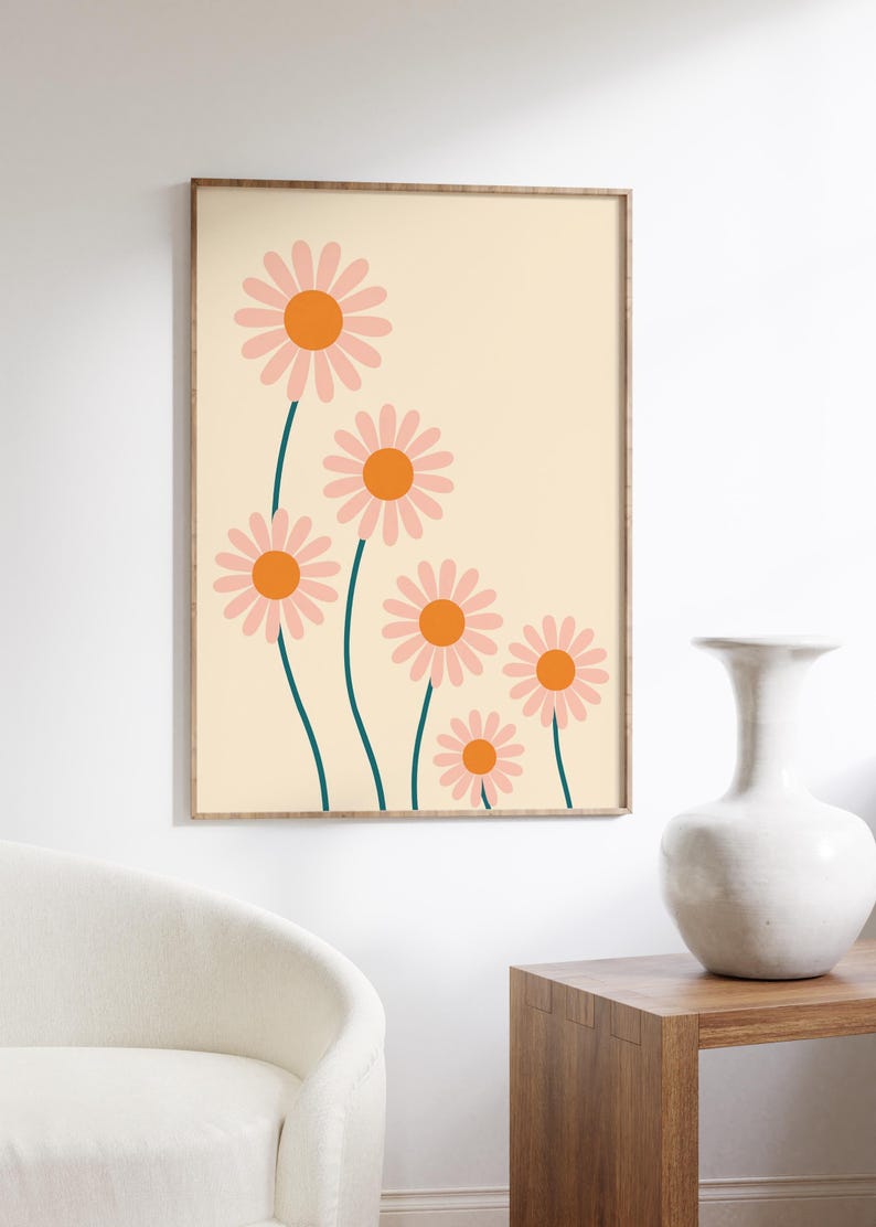 retro-daisy-flower-print-mid-century-modern-floral-wall-art-etsy