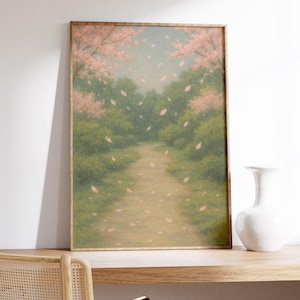 Kirschblüten Wand Kunstdruck - Rosa Blütenblätter Treiben auf Gartenweg, Sanfte Frühlingslandschaft, Gelassene Blumenszene, Friedliche Natur Poster