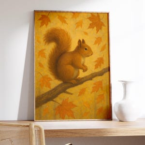 Eichhörnchen Illustration – Eichhörnchen auf Ast mit fallenden Blättern, gemütliche Herbstszene, warmes Walddekor, Herbsttier Poster