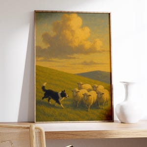 Sheepdog Wall Art Print – Golden Hour Pasture Poster, Herding Dog Scene, Rolling Hills Landscape, Rustic Farm Animal Country Decor