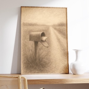 Impresión artística de pared de buzón rural: tonos sepia, camino rural, buzón vintage, boceto suave, tema de letras, escena tranquila, decoración rústica de papel.