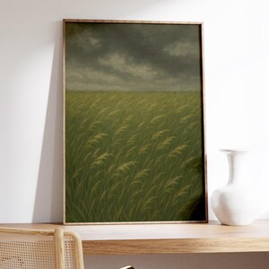 Stürmische Wiese Wandkunst - Stimmungsvolle Landschaft Poster, Naturwind Druck, Bedeckt Prärie Dekor, Seltsames grünes Feld Fine Art für Zuhause