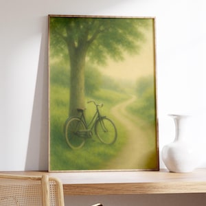 Impresión artística de pared de bicicleta campestre: paisaje verde suave, escena de bicicleta vintage, sendero rural tranquilo, decoración nostálgica de verano, ambiente natural minimalista