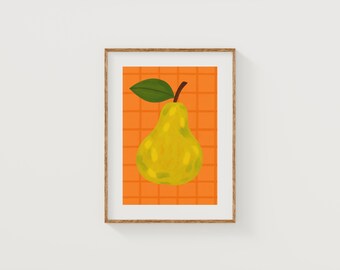 May include: A framed art print featuring a yellow pear with a green leaf and brown stem. The pear is set against an orange grid background. The artwork is in a wooden frame, suitable for kitchen or dining room decor.