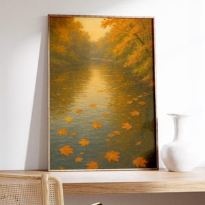 Art Print - Herbst Fluss - Goldene Herbstblätter am Wasser, ruhige Landschaft, warmes Nachmittagslicht, gemütliches Naturdekor