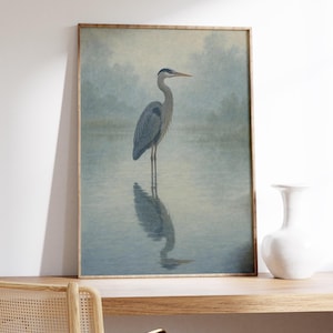 Reiher Wand Kunst Druck - Nebliger blauer Vogel Poster, Nebel Sumpf Wildtier Dekor, Ruhige Natur Szene, ruhige Spiegelung