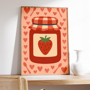 Strawberry Jam Wandkunst - Gingham Deckel-Detail, rosa Herz Hintergrund, Retro-Küchendekor, flacher Farbstil, süßes Frühstück Vibe
