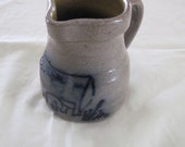 Vintage Stoneware Pottery Salt Glaze Stoneware Rustic Primitive Pitcher With Blue Accents Cow Design