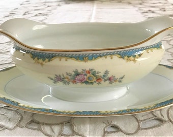 Antique Vintage Noritake 1918 Porcelain China Double Spout With Attached Underplate Gravy Boat IVANHOE Pattern