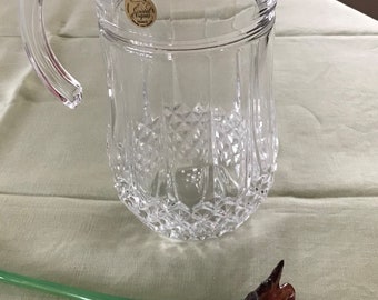 Vintage Cristal D'Arques Longchamp Pattern 48 Ounce Drink Pitcher Curved Handle Cut Vertical & Criss Cross Design