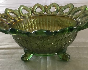 Antique Northwood Shell Green 3 Toed Footed “Wild Rose” Reticulated Bowl