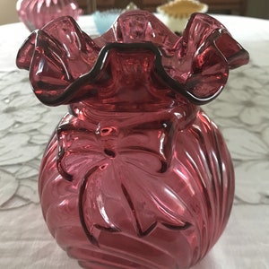 Vintage Fenton Art Glass Country Cranberry Caprice Drape Bow Vase Double Crimp Top Edge