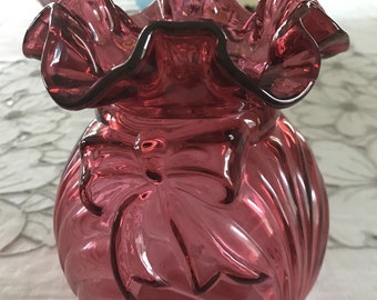 Vintage Fenton Art Glass Country Cranberry Caprice Drape Bow Vase Double Crimp Top Edge