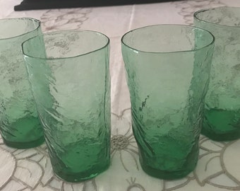 4 Vintage Seneca Driftwood Apple Green Highball Tumbler Glasses Crinkle Design