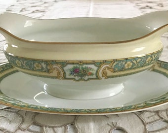 Vintage Noritake 1930's Porcelain China Double Spout With Attached Underplate Gravy Boat CORINTHIA Pattern