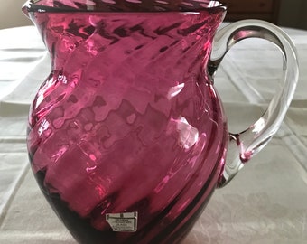 Vintage Pilgrim Cramberry Glass Swirl Pattern Hand Blown Clear Applied Handle Holds 32 Ounces Original Sticker