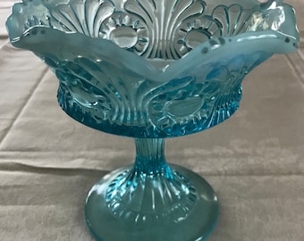 Vintage Fenton Tokyo Blue Opalescent Dot & Fan Design Pedestal Compote Candy Dish