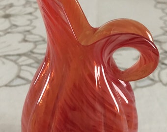 Vintage Lefton Art Glass Hand Blown  Ewer Pitcher Red White Swirl & Ribbed Design