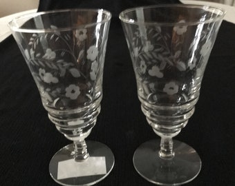 2 Vintage Libbey Rock Sharpe Iced Tea Goblets Halifax Pattern Gray Cut Floral Design Circa 1950's