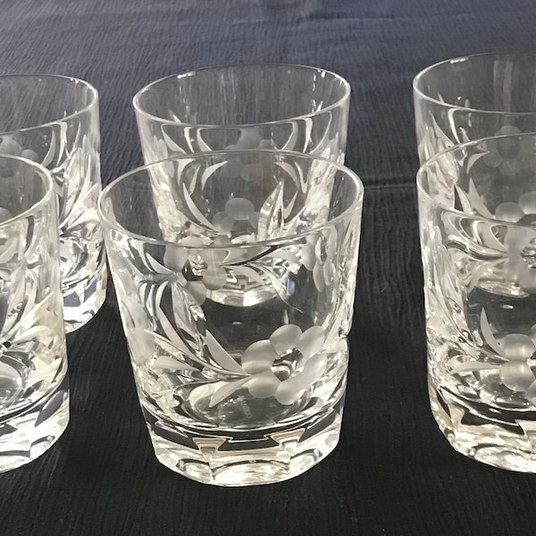 6 Gorham Cut Crystal Old Fashioned Rock Glasses Spring Meadow Floral and Foliage Pattern Circa 1970’s