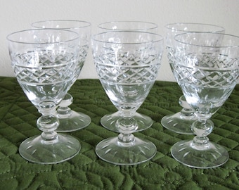 6 Vintage Mid Century Tiffin Crystal Small Dessert Wine Sherry Glasses Criss Cross Cuts Ovals Cut Foot Glasses Circa 1950's