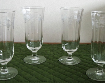 4 Antique Vintage Morgantown Clear Etched Wine Champagne Glasses Panel Optic Richmond Pattern Stem Etch #735 Circa 1930's