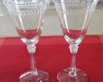 2 Vintage Fostoria Crystal Water Wine Glasses Laurel Pattern Stem # 6017 Cut # 776 Circa 1950's