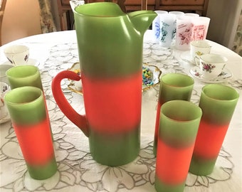 Vintage Mid Century Blendo Frosted Glass 64 Ounce Pitcher & 5 Tumblers Set Green Orange Color