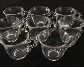 8 Vintage Imperial Glass Punch Cups Candlewick Pattern Bead Handle Circa 1950's