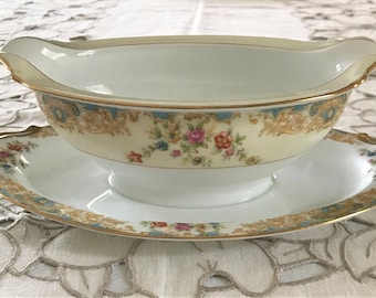 Antique Vintage Noritake 1940 Porcelain China Double Spout With Attached Underplate Gravy Boat Pattern Unknown