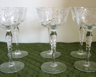 6 Vintage Liquor Cocktail Crystal Glasses, Wheel & Gray Cut Floral Leaf Pattern Cut Foot Honeycomb Cut Stem