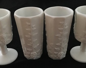 4 Vintage Westmoreland Milk Glass, 2 Paneled Grape Pattern Water Goblets & 2 Iced Tea Tumblers