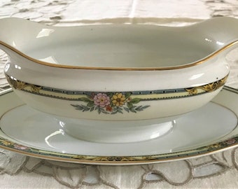 Vintage Noritake 1918 Porcelain China Double Spout With Attached Underplate Gravy Boat CROYDON Pattern