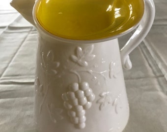 Vintage Kanawha Glass 26 Ounce Pitcher Grape & Leaf Design Pattern Hand Blown Milk Glass Overlay