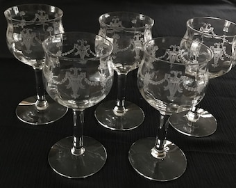 5 Antique Vintage Morgantown Richmond Etch Pattern #735 Dessert Wine Optic Bowl Glasses