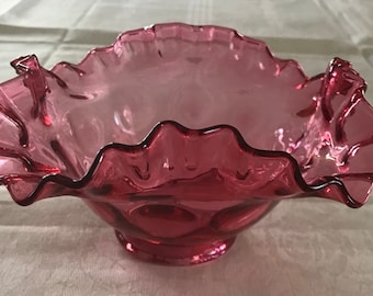 Vintage Fenton Cranberry Dot Optic Crimped Edge Bowl