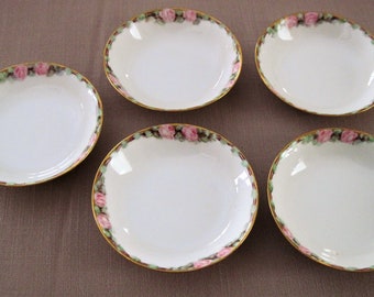 5 Antique Haviland France Porcelain China Fruit Sauce Dessert Bowls Pink Roses Hand Painted Pattern Gold Trim Circa Early 1910's