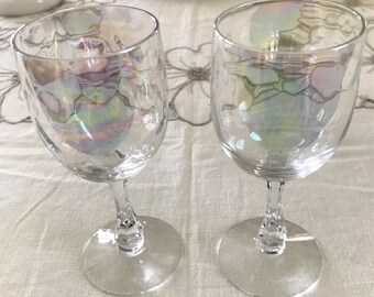 2 Vintage Fostoria Firelight Small wine Glasses Stem 6080 Bowl Loopoptic Iridescent Circa 1960's