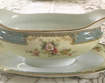 Antique Vintage Noritake 1940's Porcelain China Double Spout With Attached Underplate Gravy Boat BLUEDAWN Pattern