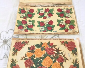 3 Full Vintage Duro Decals Transfers Dutch Strawberries Rose Florals Theme Circa 1950's