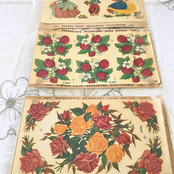 3 Full Vintage Duro Decals Transfers Dutch Strawberries Rose Florals Theme Circa 1950's