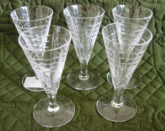 5 Vintage Webb Corbett England Crystal Cordials Plant Design With Waves Pattern WEC 14 Circa 1960's