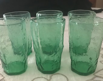 6 Vintage Seneca Driftwood Apple Green Juice Tumbler Glasses Crinkle Design