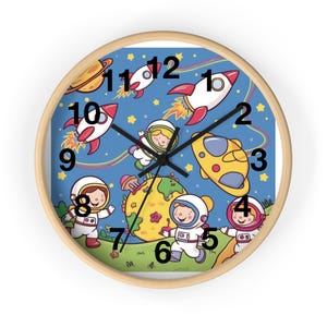 Reloj de pared de astronauta para niños, decoración espacial divertida, arte de pared para guardería, regalo para amantes del espacio, reloj colorido