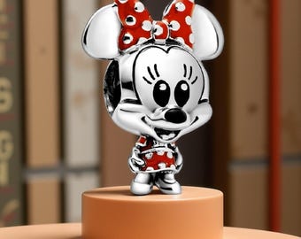 Silver Minnie Mouse Dotted Dress Adorable Childhood Character Red Minnie Charm Silver Bead Bracelet Charm Gif For Her